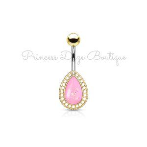 Gold Pink Opal Tear‎ Drop Belly Button Ring